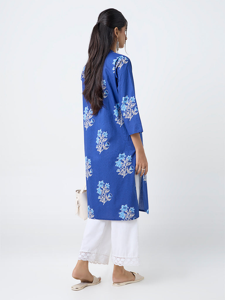 Utsa Blue Floral Pattern Cotton Straight Kurta