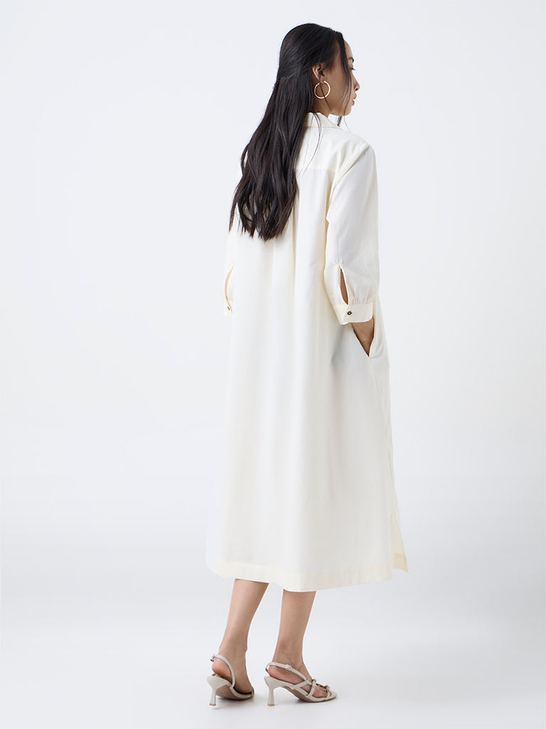 Utsa Cream Floral Embroidered Cotton Shirt Dress