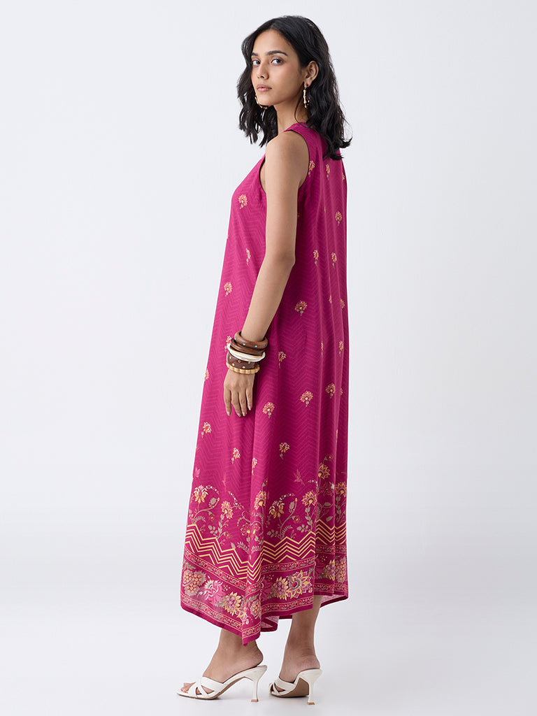 Utsa Magenta Floral Design A-Line Dress