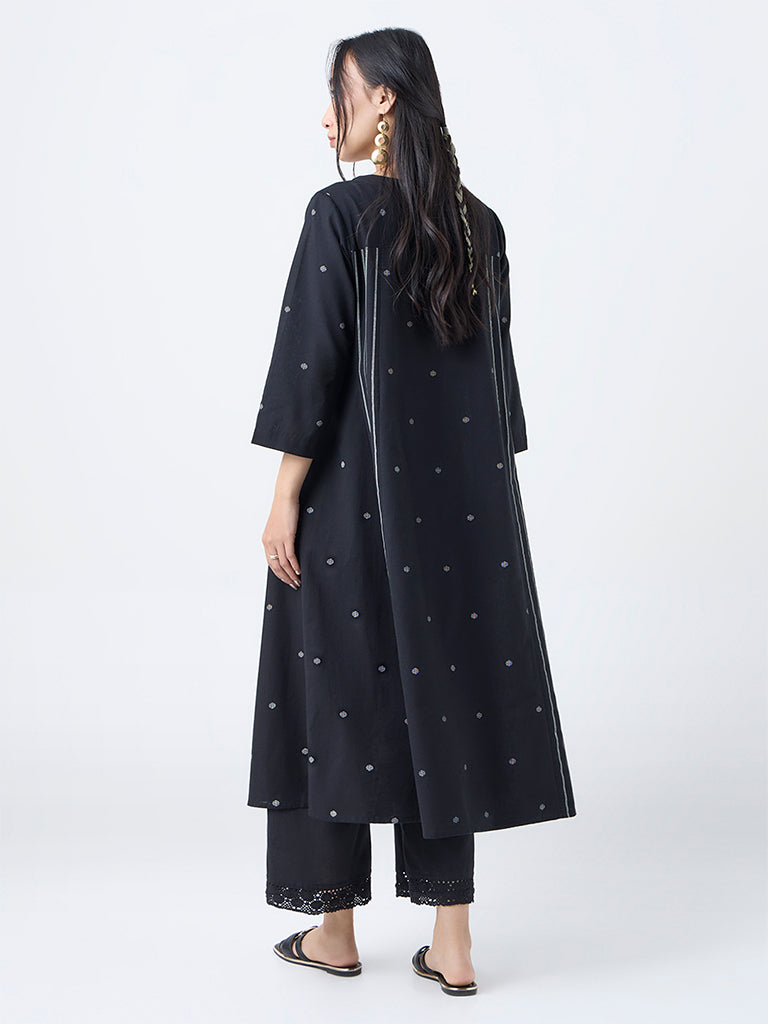 Utsa Black Jamdani Embroidered Cotton-Blend A-Line Kurta