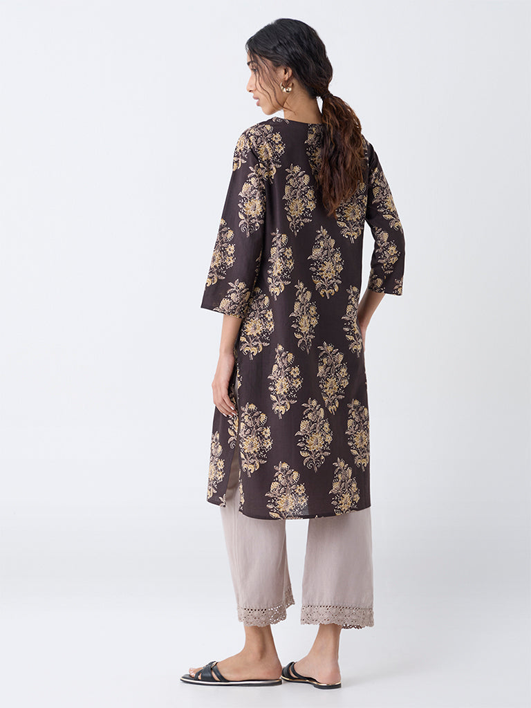 Utsa Dark Brown Foliage Printed Straight Cotton Kurta