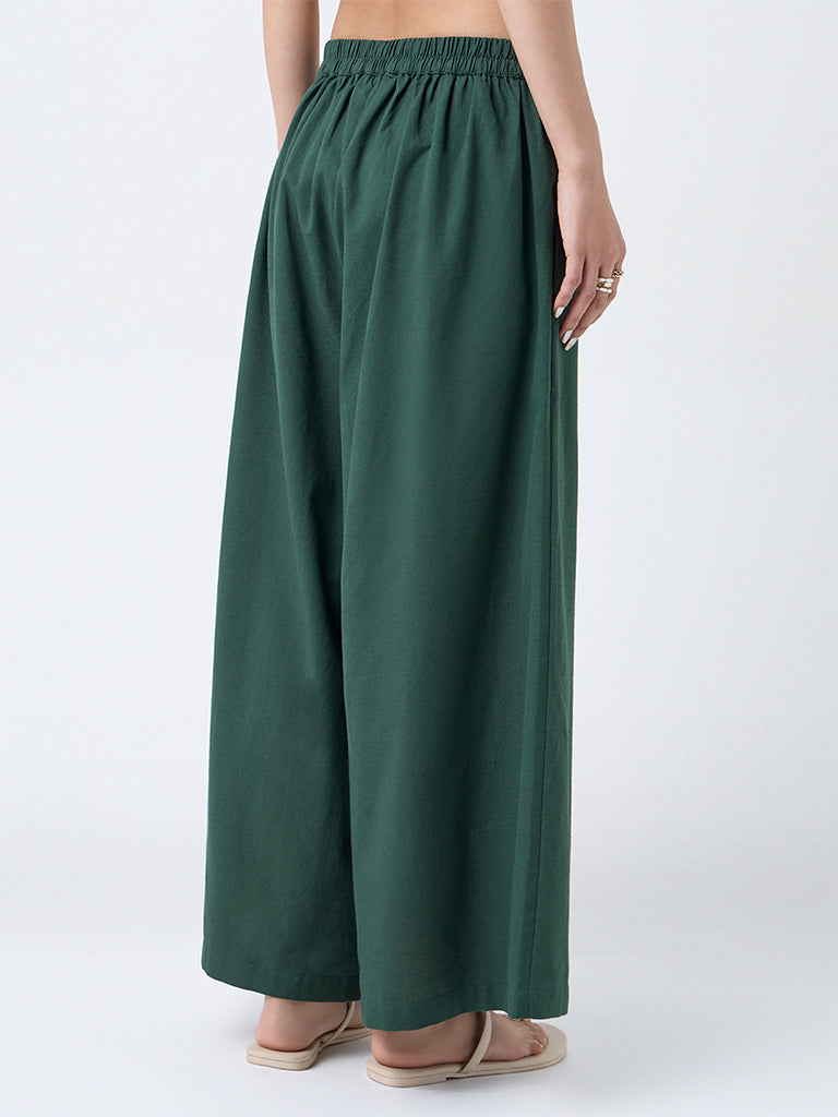 Utsa Jade Green Solid Cotton-Blend Palazzos
