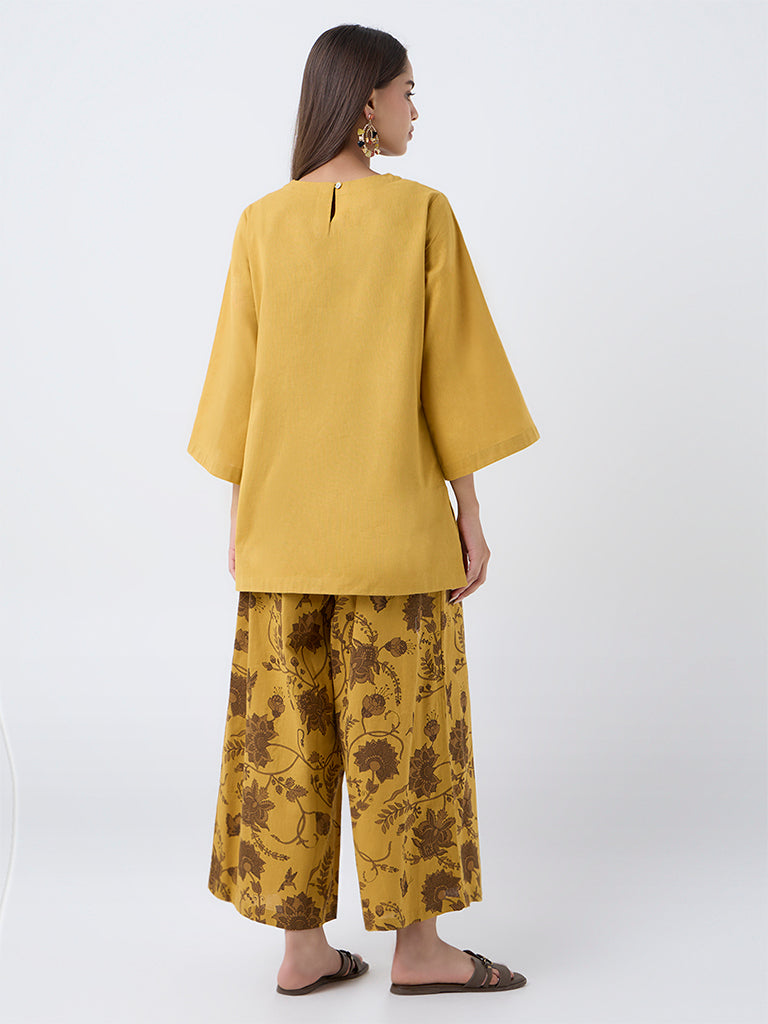 Utsa Mustard Embroidered Cotton-Blend Tunic