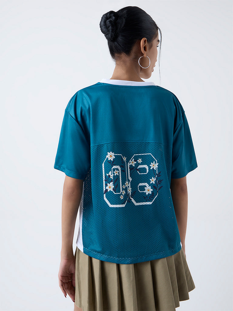 Nuon Dark Teal Printed Perforated T-Shirt