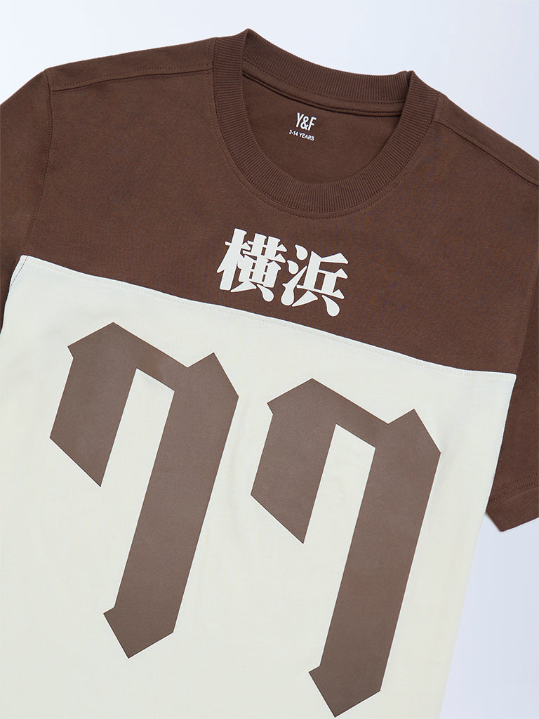 Y&F Kids Boys Off-White Colour-Blocked Cotton T-Shirt