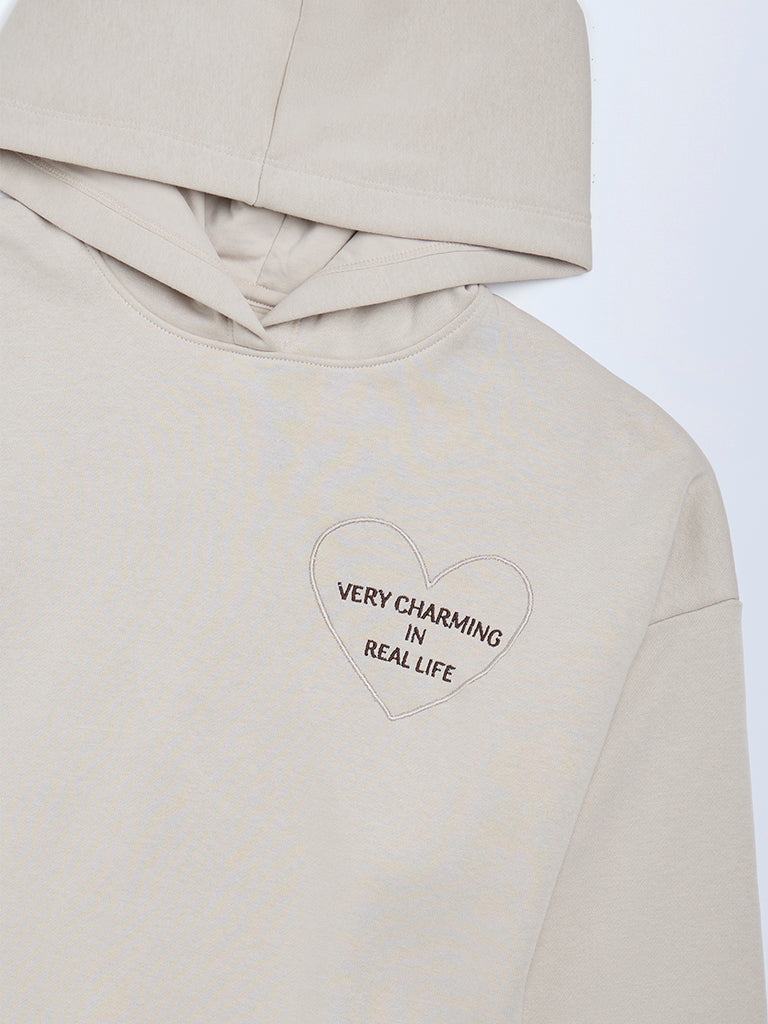 Y&F Kids Girls Beige Typographic Cotton-Blend Hoodie