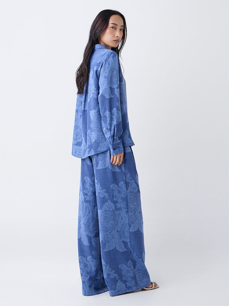 LOV Blue Floral Detailed High-Rise Flared Pants