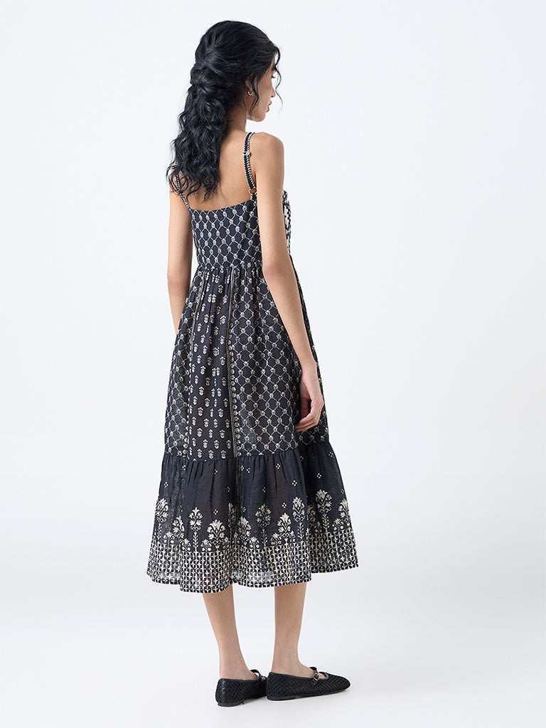 Bombay Paisley Black Embroidered Cotton Tiered Dress