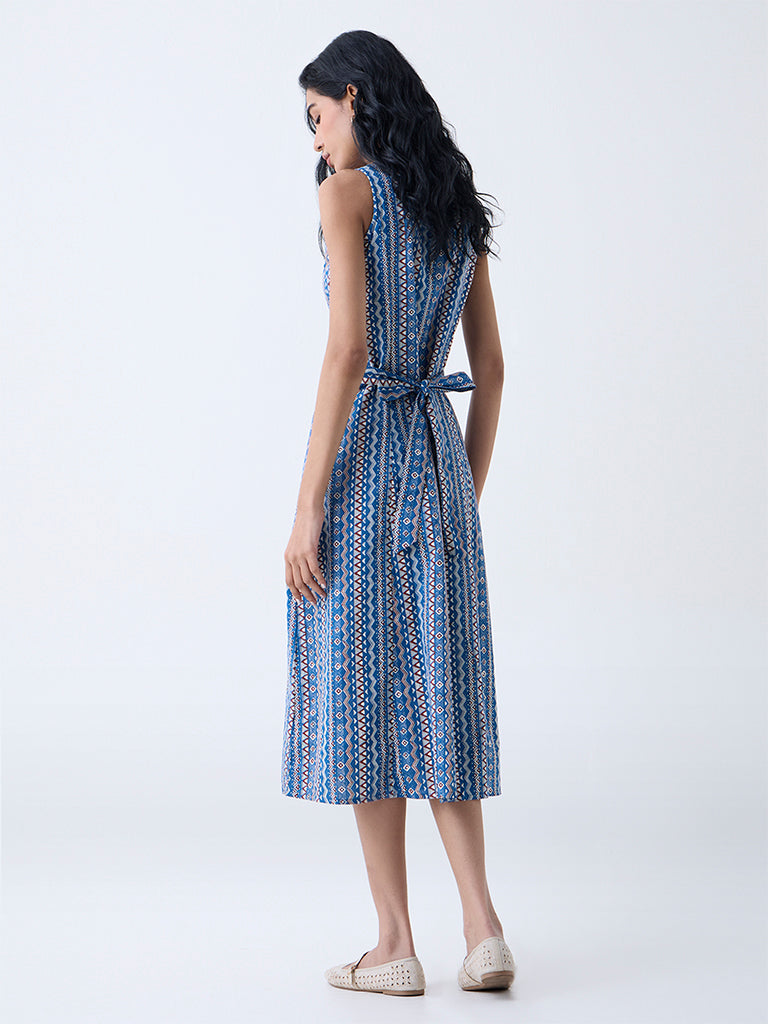 Bombay Paisley Blue Aztec Printed Cotton-Blend Shirt Dress