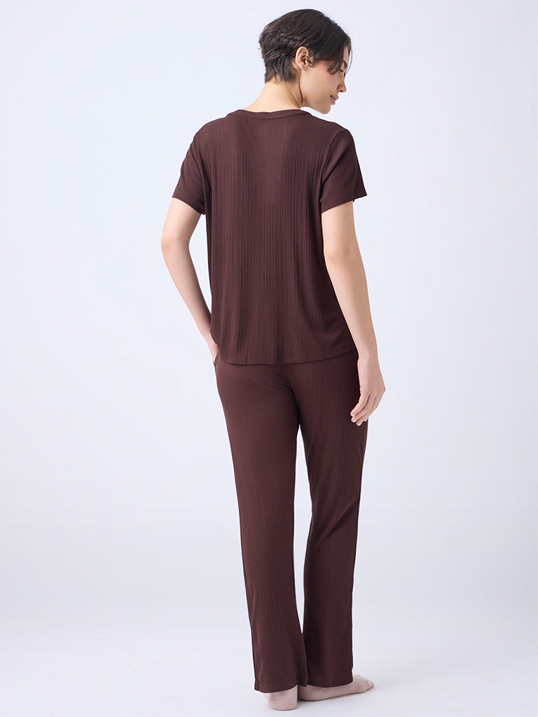 Wunderlove Dark Brown Ribbed-Textured High-Rise Pants