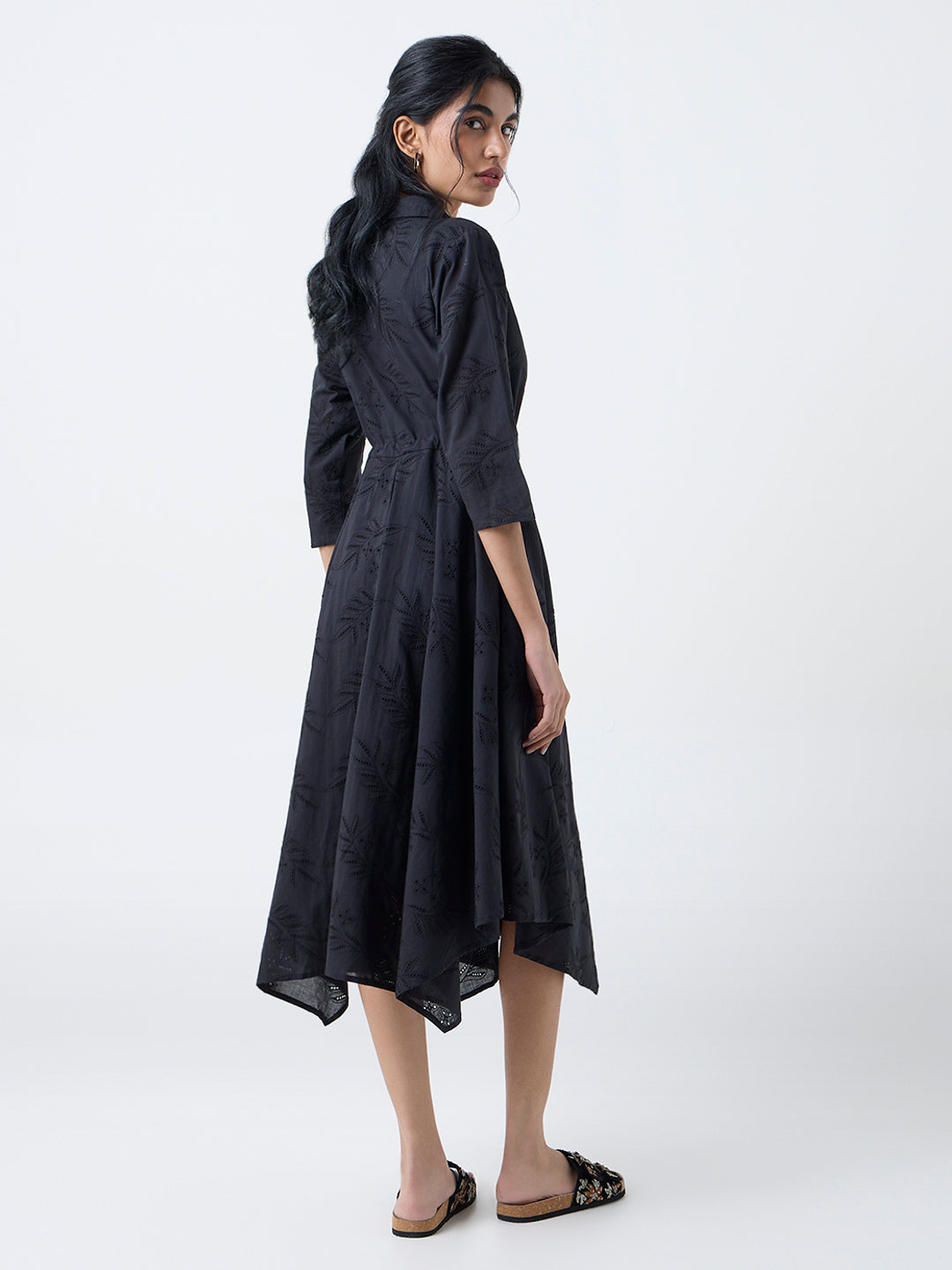 Bombay Paisley Black Schiffli Cotton Asymmetric Dress