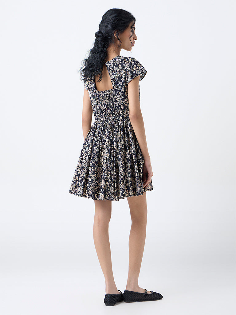 Bombay Paisley Black Foliage Design Cotton A-Line Dress