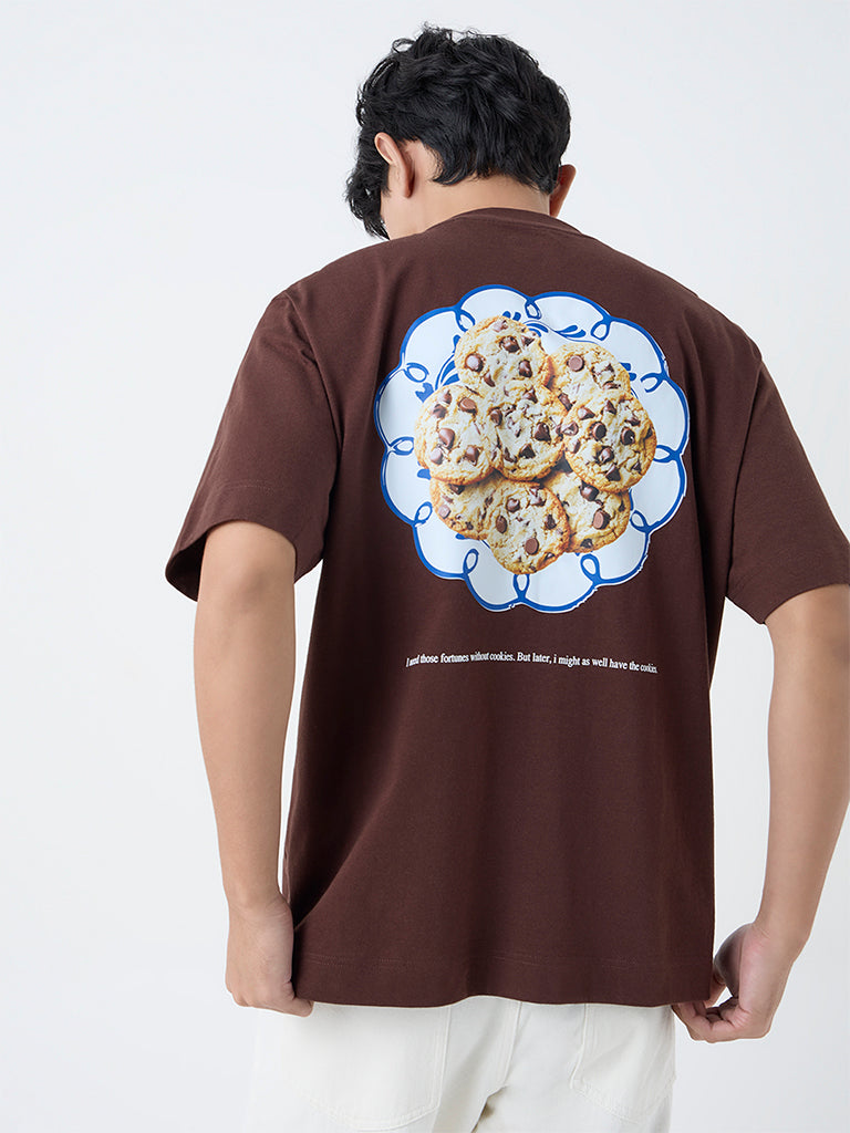 Nuon Dark Brown Printed Relaxed-Fit Cotton T-Shirt