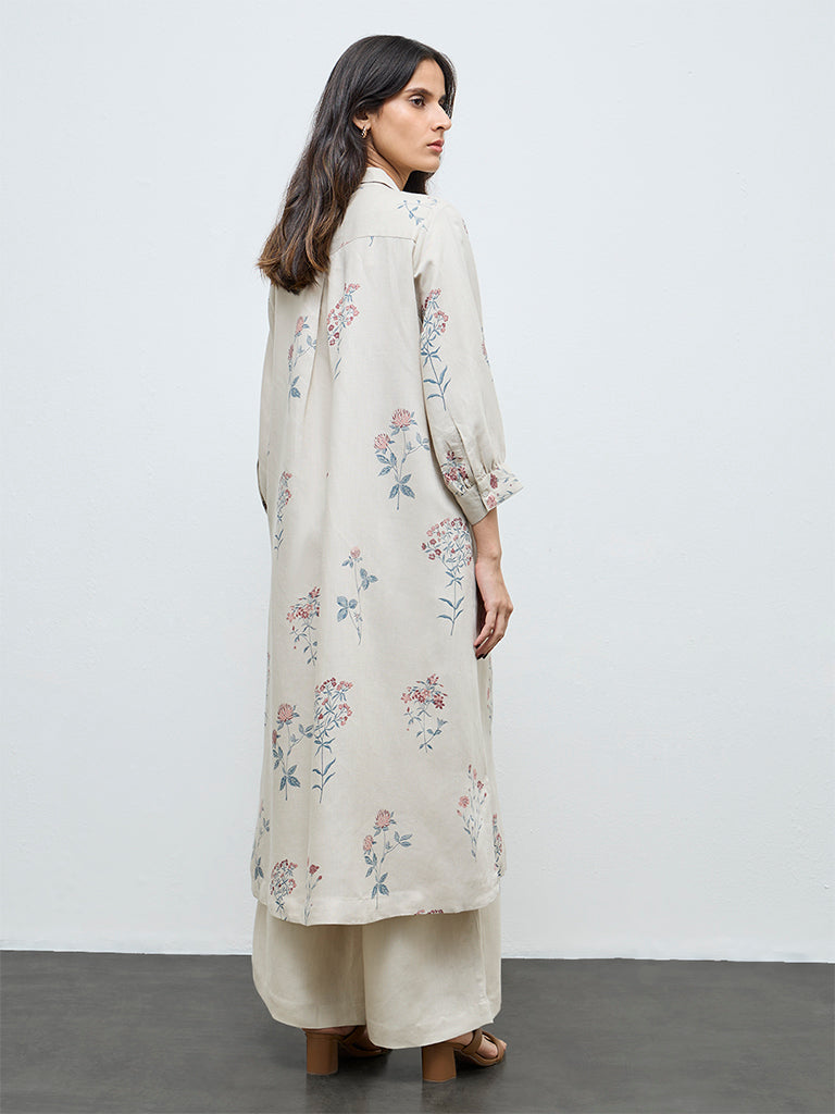 Zuba Light Beige Floral Printed A-Line Kurta