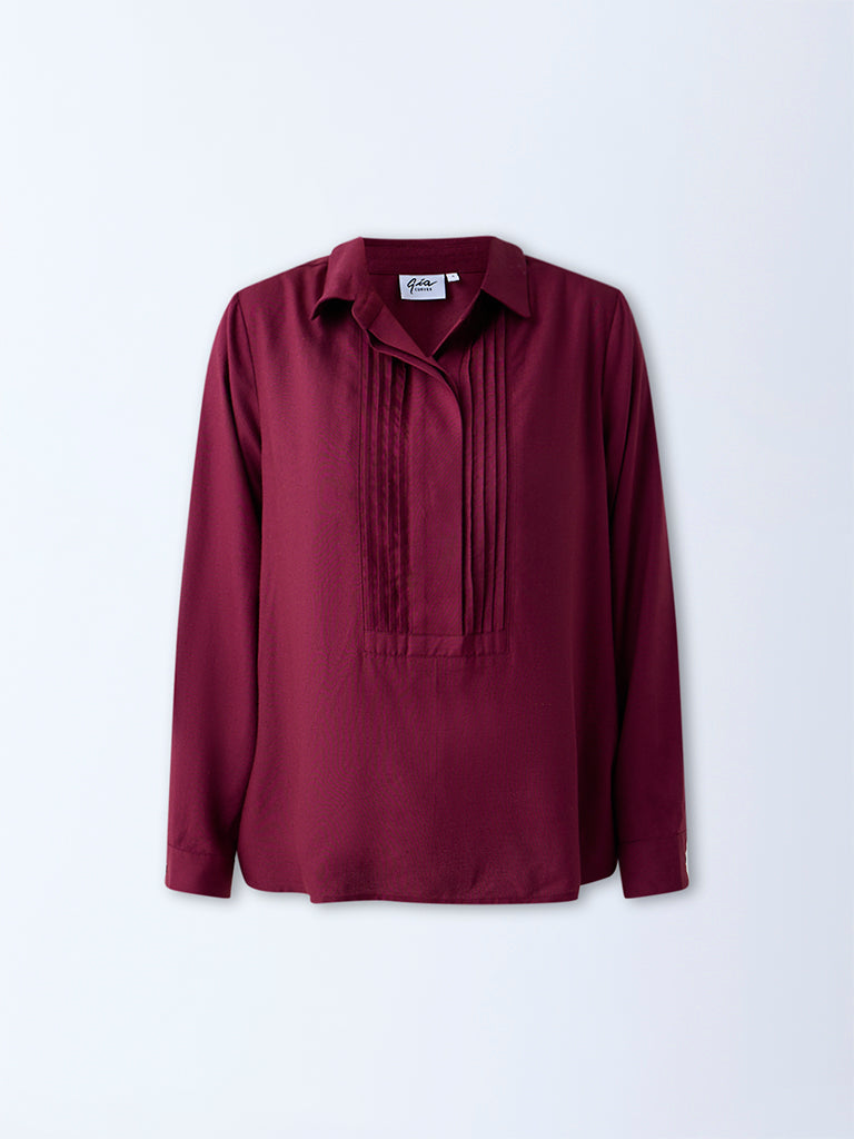 Gia Burgundy Pintuck Detailed Blouse