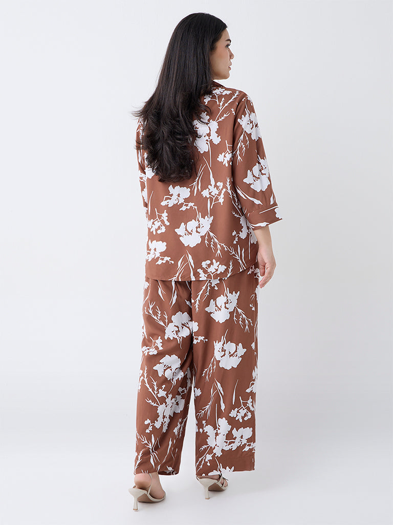 Gia Brown Foliage Design High-Rise Trousers