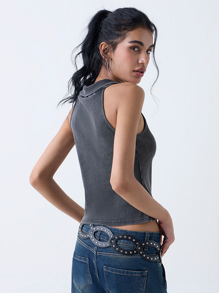 Nuon Dark Grey Ribbed-Textured Cotton-Blend Top