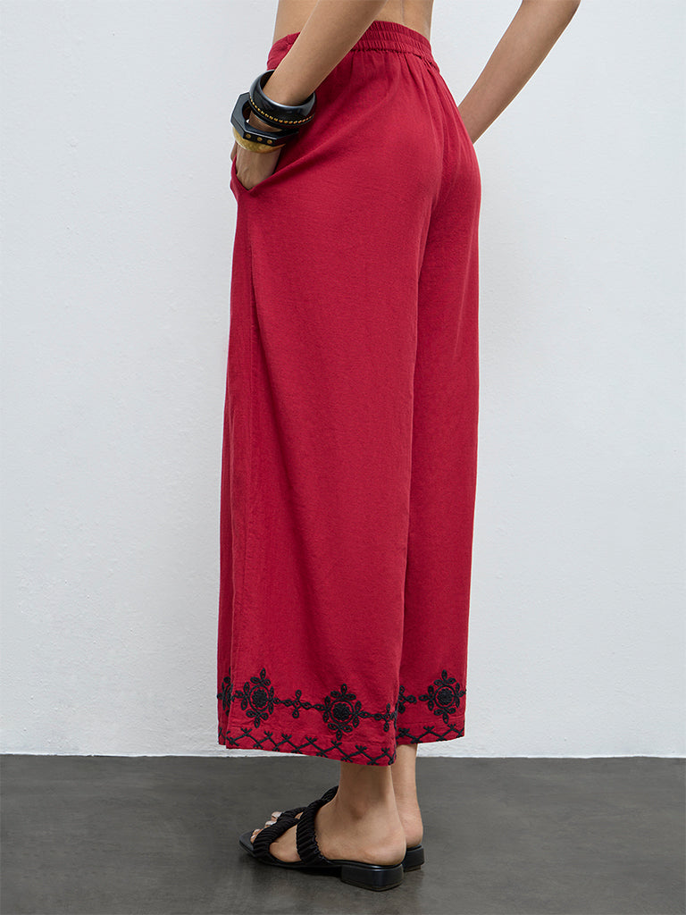 Utsa Red Floral Embroidered Cotton Pants