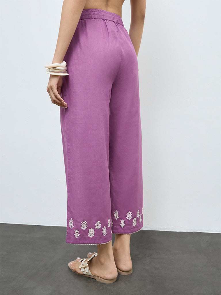 Utsa Purple Embroidered Cotton Pants