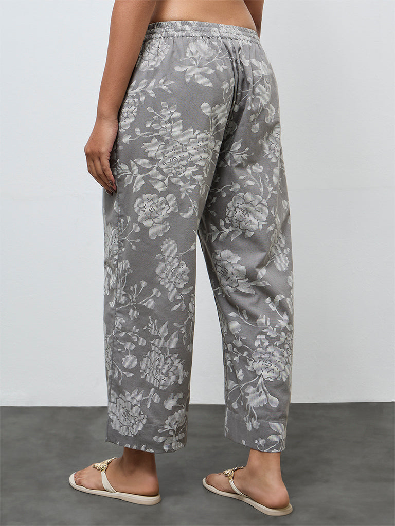 Utsa Grey Floral Cotton-Blend Pants