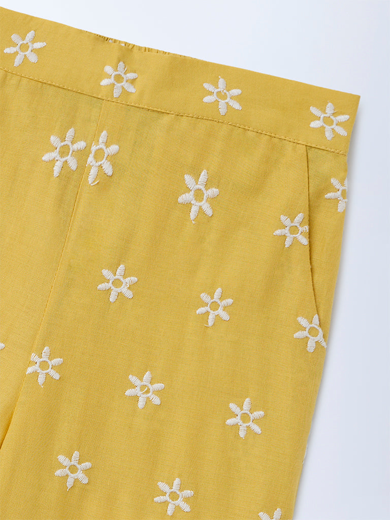 Utsa Kids Girls Yellow Floral Embroidered Cotton Ethnic Pants - (2-8yrs)