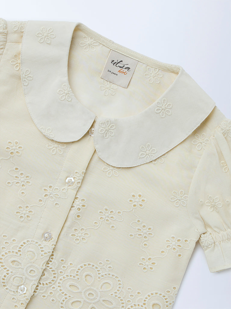 Utsa Kids Girls Off-White Schiffli Embroidered Cotton Top