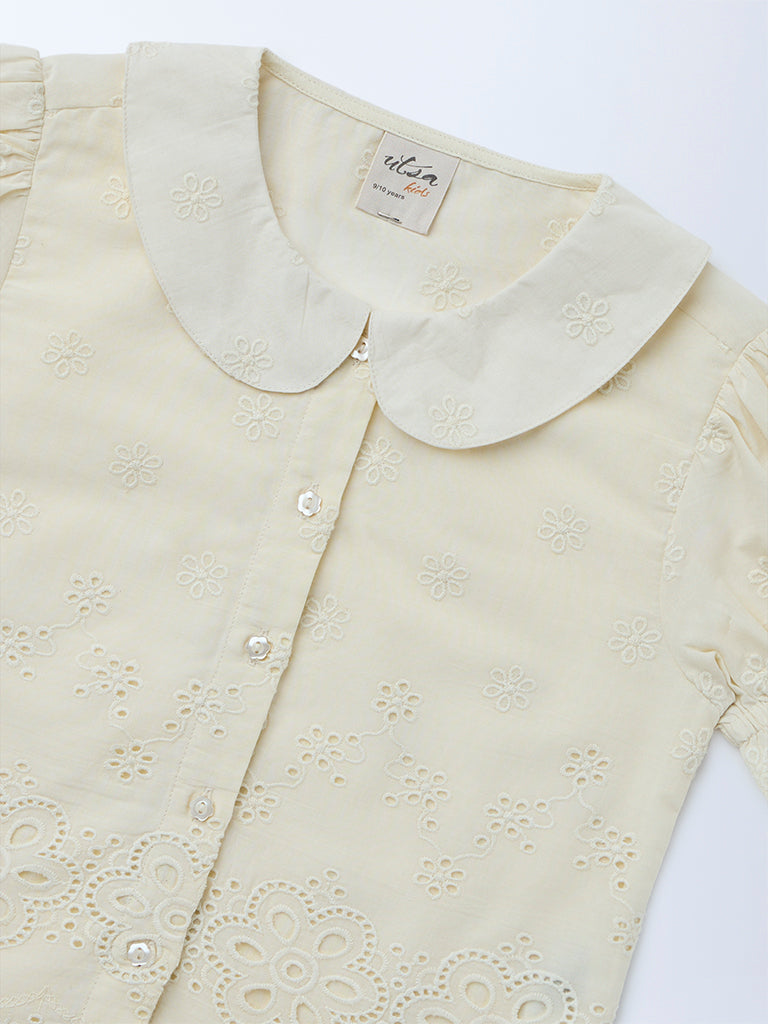 Utsa Kids Girls Off-White Embroidered Cotton Top