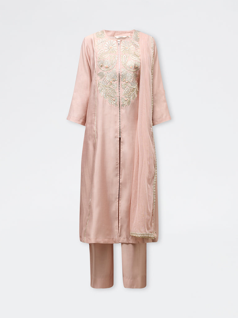 Vark Peach Floral Embroidered A-Line Ethnic Set