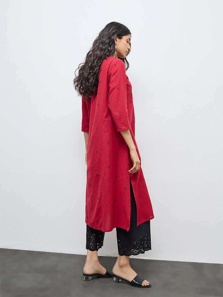 Utsa Red Floral Embroidered Cotton-Blend A-Line Kurta