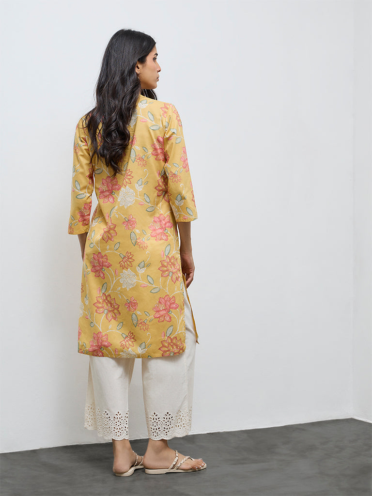 Utsa Yellow Floral Printed Cotton Straight Kurta