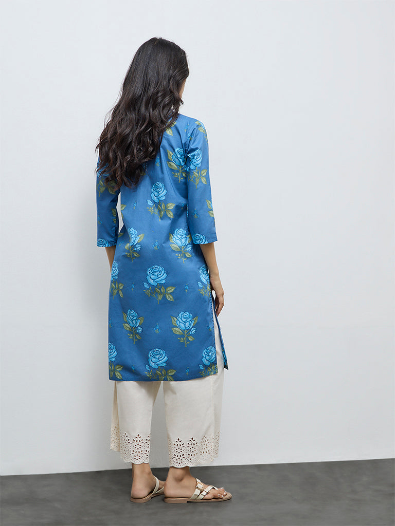 Utsa Dusty Blue Floral Printed Cotton Straight Kurta