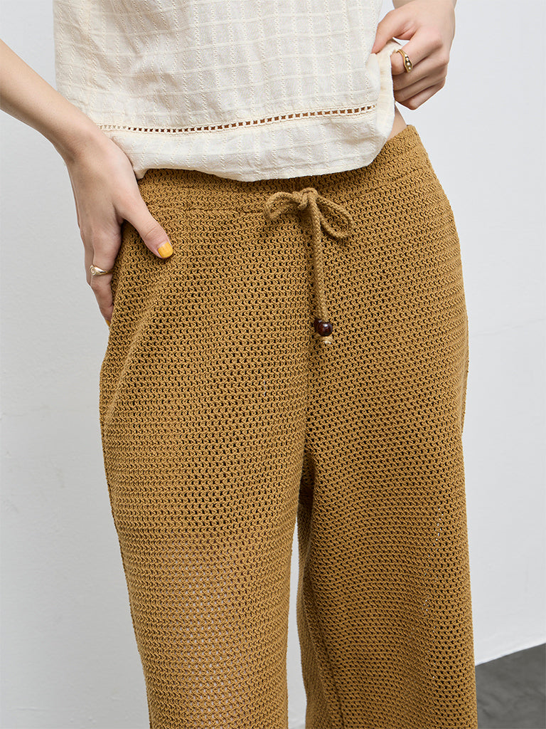 Bombay Paisley Mustard Crochet Cotton High-Rise Pants