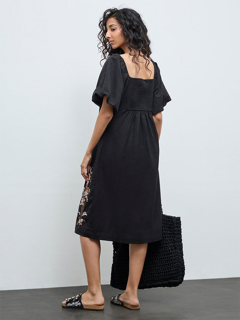 Bombay Paisley Black Floral Embroidered Cotton-Blend A-Line Dress