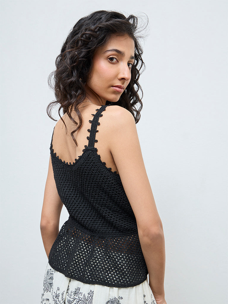 Bombay Paisley Black Crochet-Knit Cotton Peplum Top