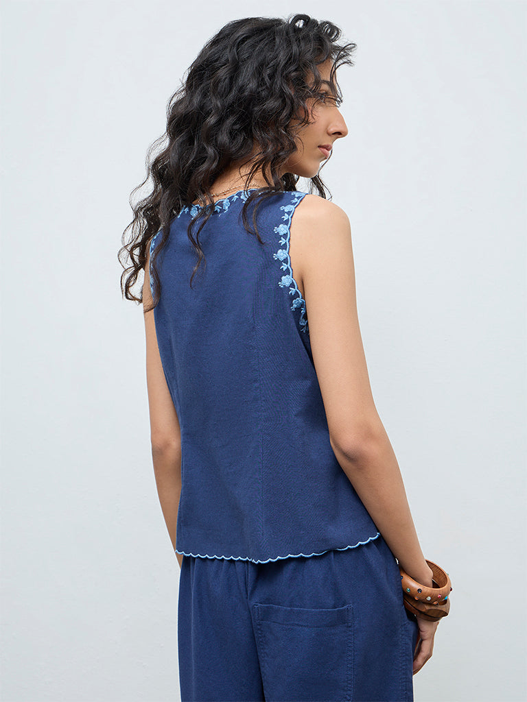 Bombay Paisley Blue Embroidered Cotton-Blend Top