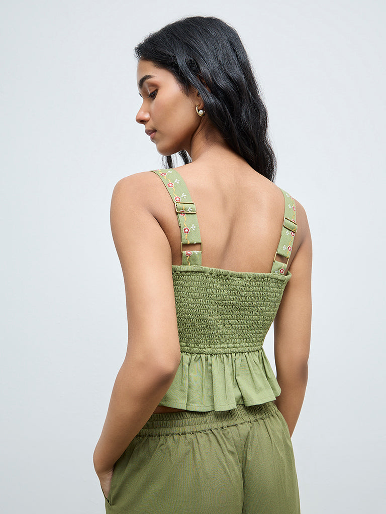 Bombay Paisley Green Floral Embroidered Cotton Top