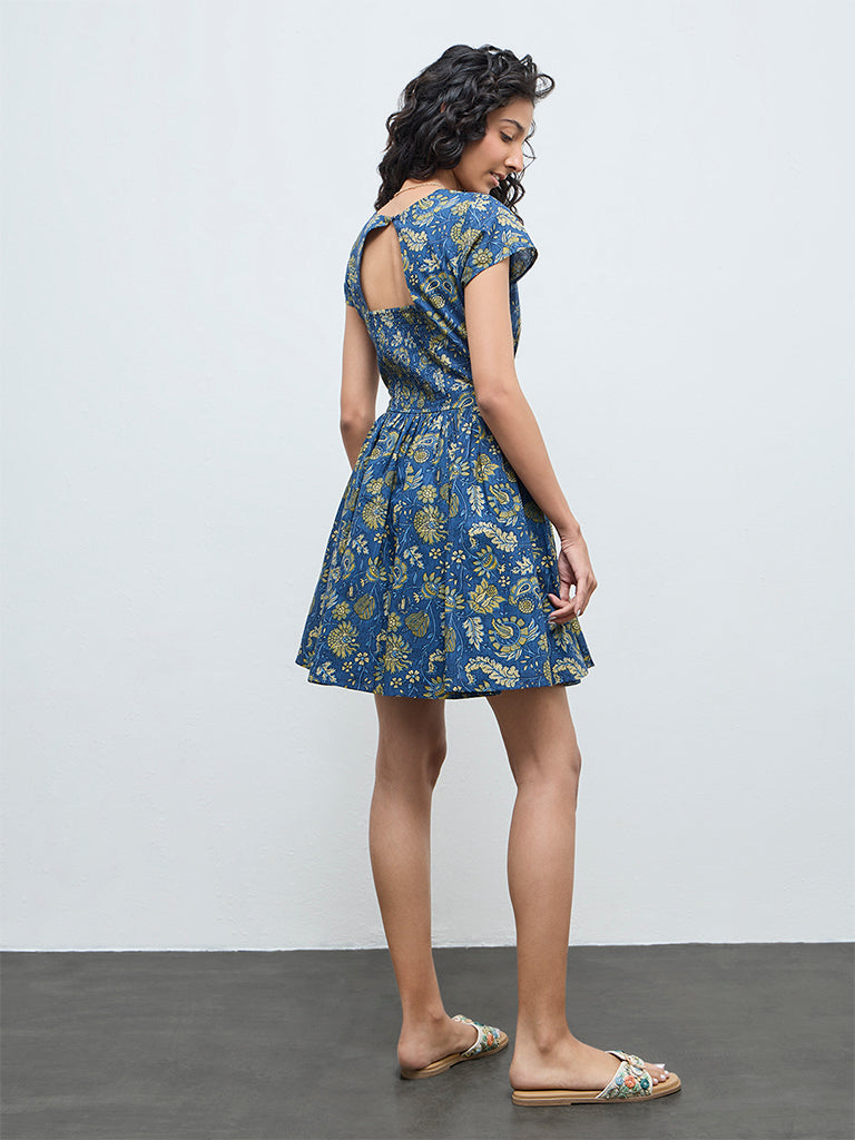 Bombay Paisley Dark Blue Floral Cotton A-Line Dress