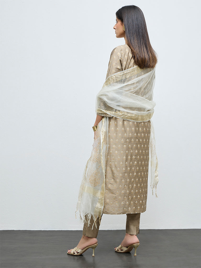 Vark Beige Embroidered A-Line Ethnic Set