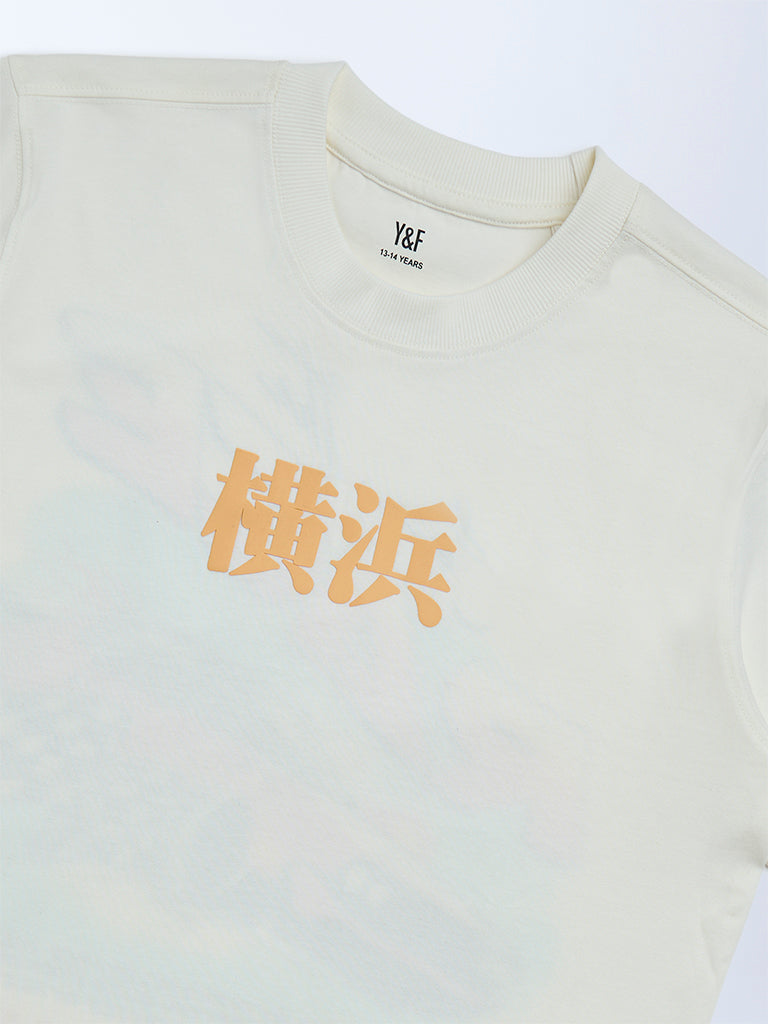 Y&F Kids Boys Off-White Printed Cotton T-Shirt
