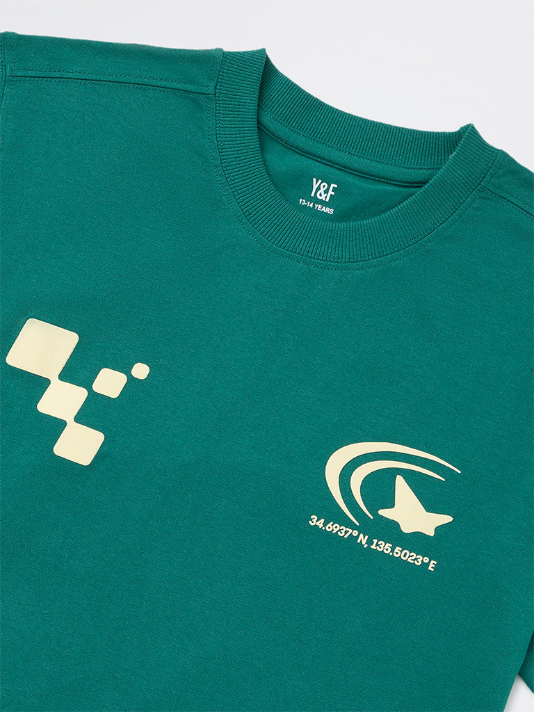 Y&F Kids Boys Green Graphic Printed Cotton T-Shirt