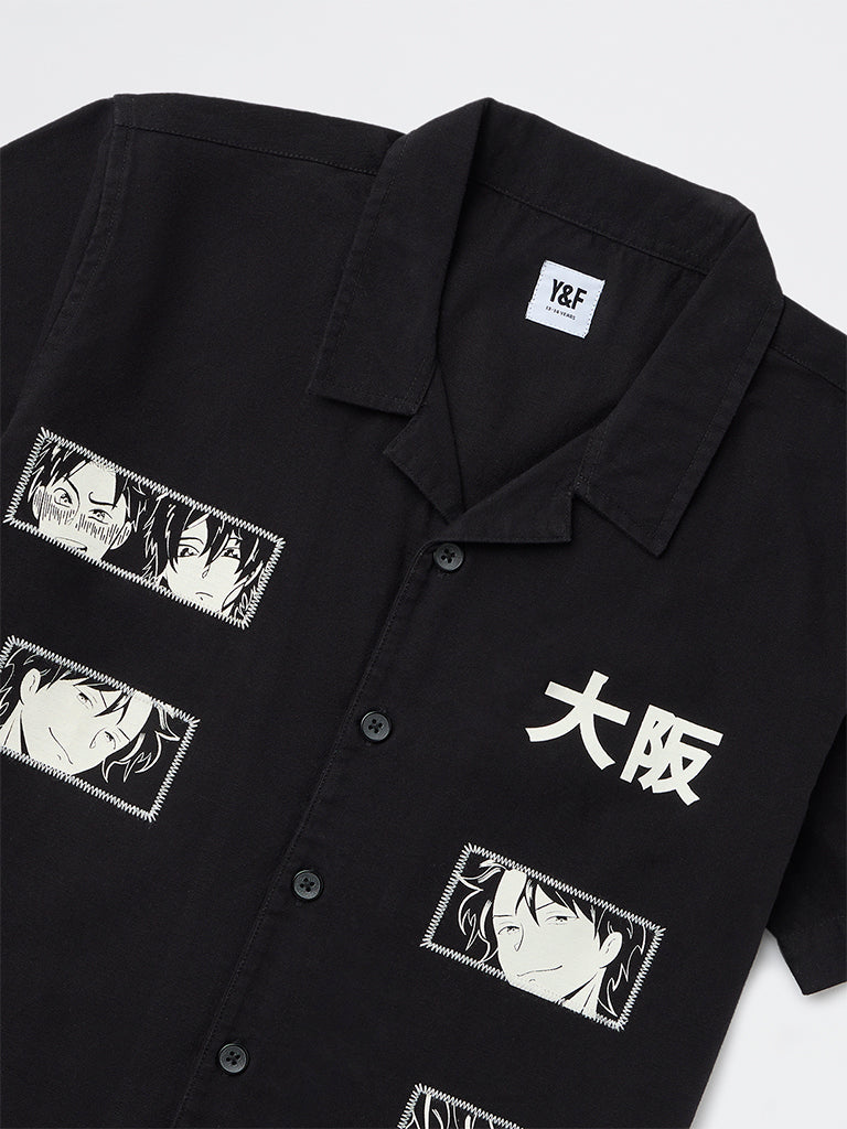 Y&F Kids Boys Black Printed Cotton Shirt
