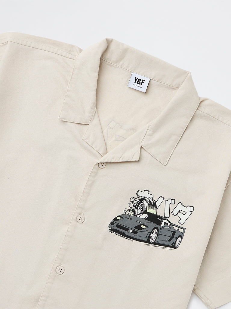 Y&F Kids Boys Beige Printed Cotton Shirt
