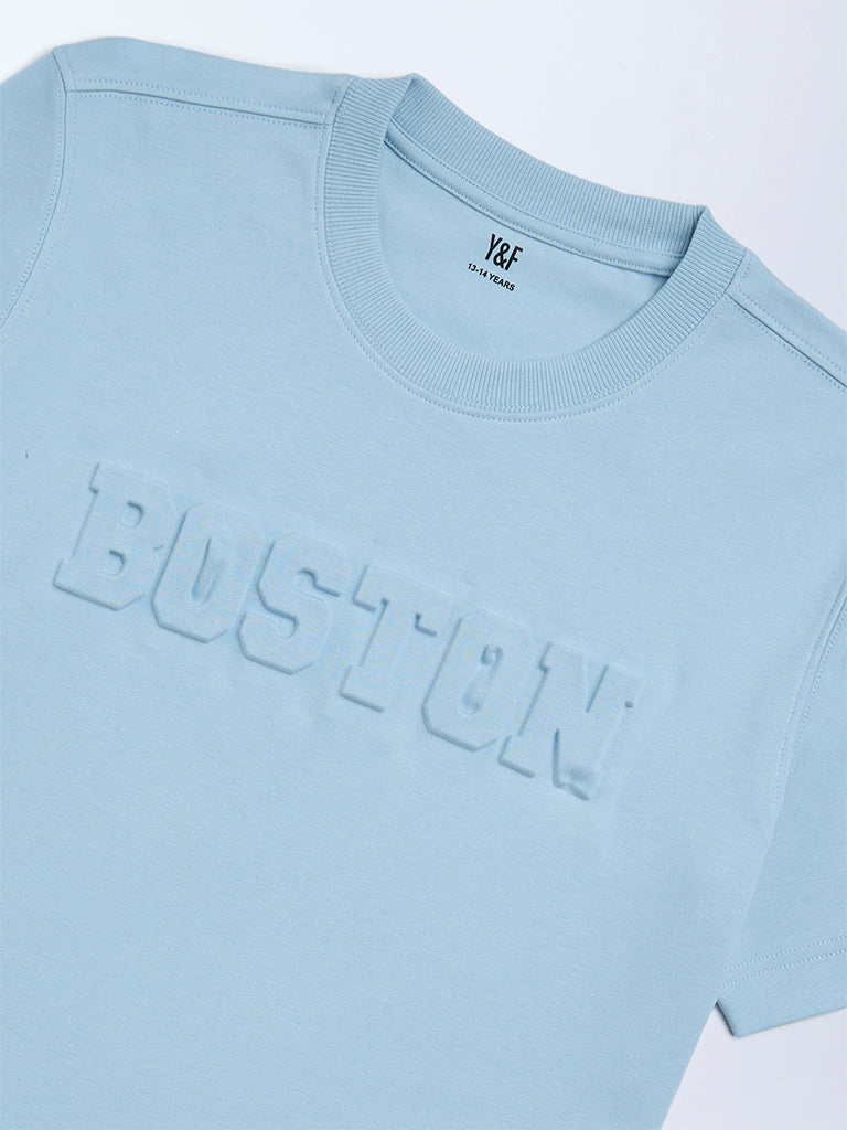 Y&F Kids Boys Blue Text Embossed Cotton T-Shirt