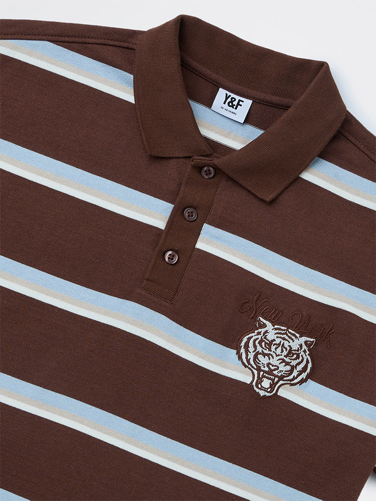 Y&F Kids Boys Brown Striped Cotton Polo T-Shirt