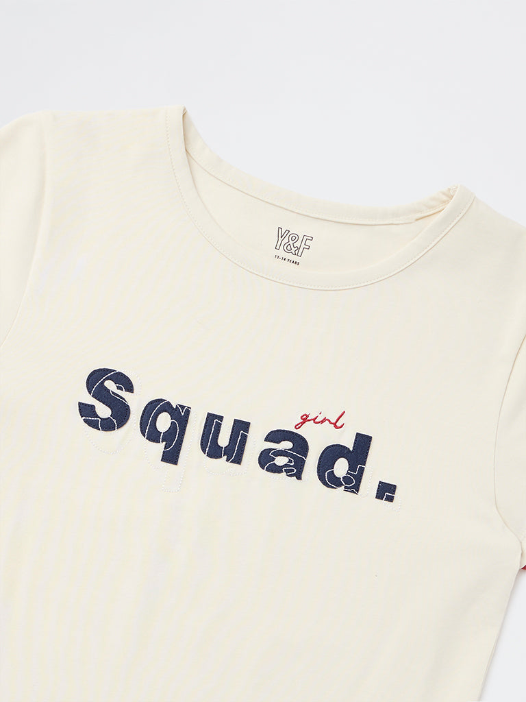 Y&F Kids Girls Off-White Text Design Cotton-Blend T-Shirt