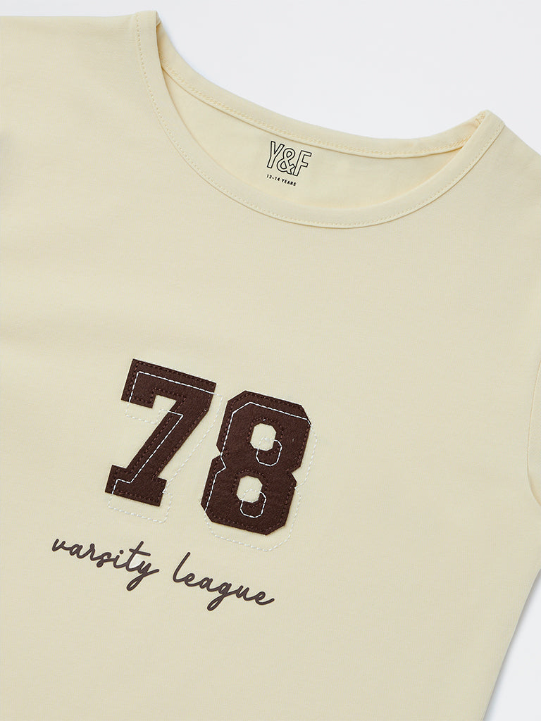 Y&F Kids Girls Yellow Numerical Printed Cotton-Blend T-Shirt
