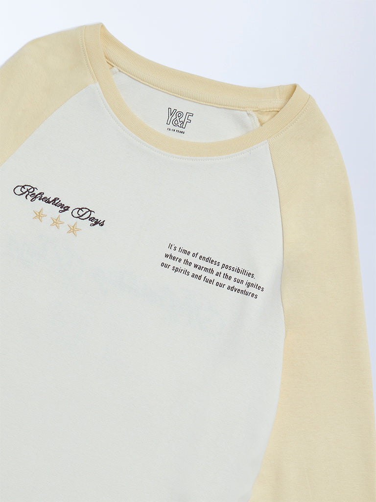 Y&F Kids Girls Yellow Typographic Cotton-Blend Top