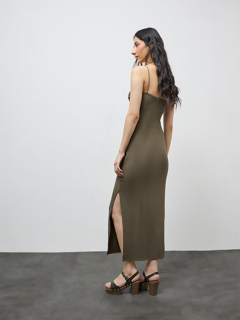 Nuon Olive Ribbed-Textured Straight Dress