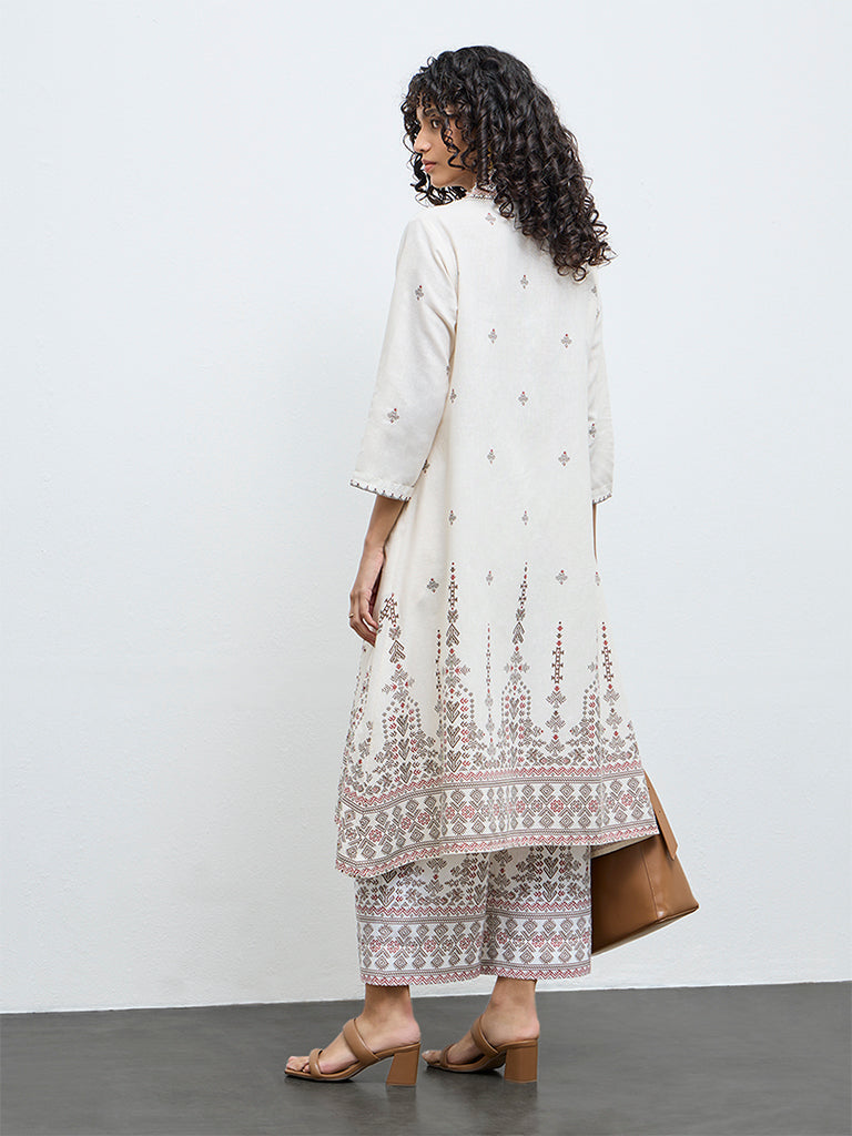Utsa Beige Printed Cotton-Blend A-Line Kurta