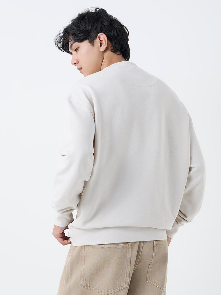 Nuon Taupe Text Detailed Relaxed-Fit Cotton Sweatshirt